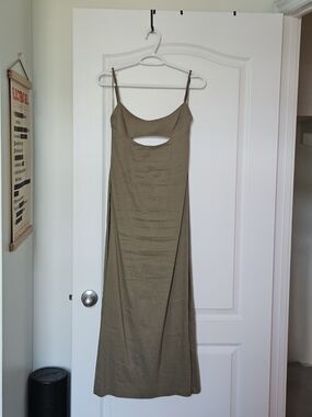 Zara Olive Linen Blend Cutout Spaghetti-Strap Dress